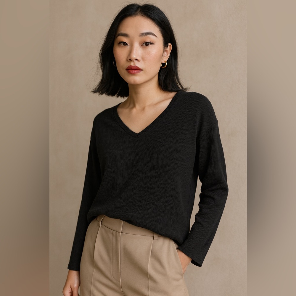 Anthropologie Textured Black V-Neck Long Sleeve Top Minimalist Chic Relaxed Fit